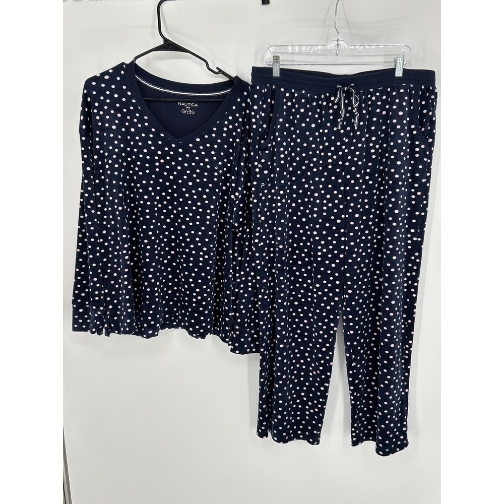 Nautica Womens Pajama Set Large Navy Pink Polka Dot V Neck Lounge Sleepwear Cozy